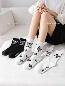 10 đôi tất dài đến bắp chân in hình bướm dành cho nữ, tất mắt cá chân họa tiết đen trắng, đa năng. - Nhiều màu - Xem 2
