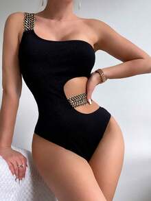 One-Piece Swimsuit, Solid Color, Asymmetrical, Sexy Bikini, Women's Racing Swimsuit For Thermal Baths - Dark Green - View 3