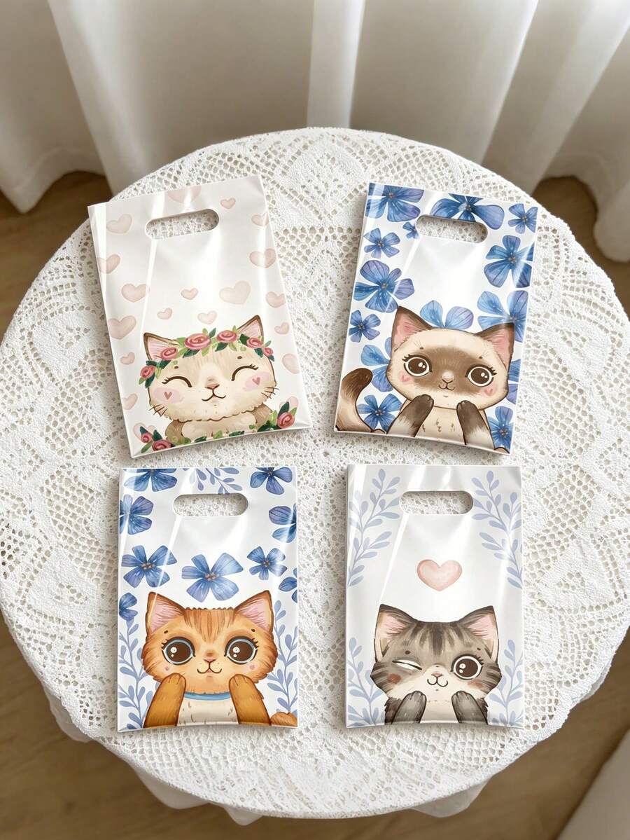 Bộ 4 túi quà tặng hình mèo hoạt hình dễ thương, túi tote nền trắng in hình mèo, túi xách hình mèo hoạt hình lấp lánh, đồ dùng cho tiệc thú cưng. - cái túi - Xem 1