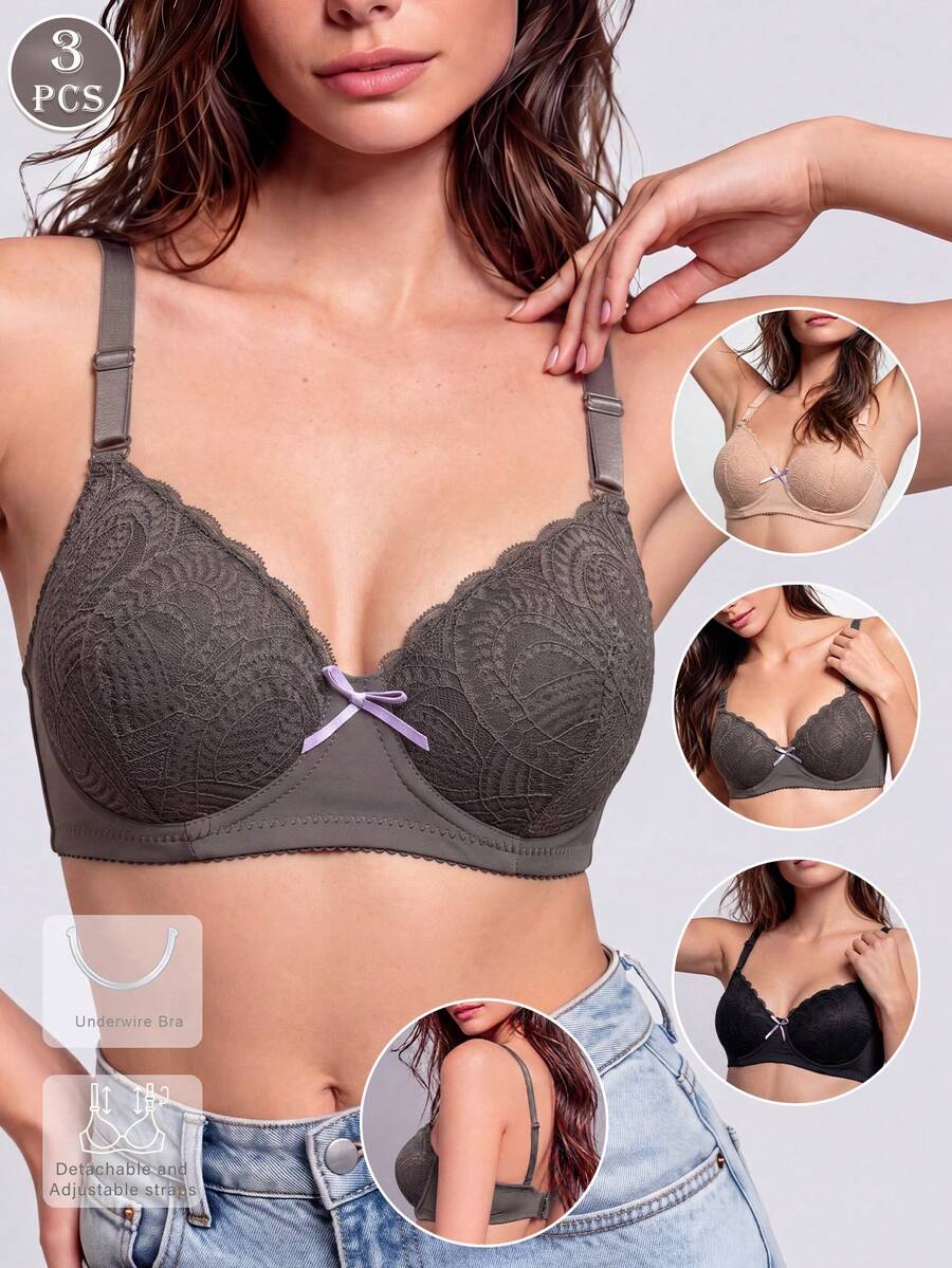 3pcs/Set Women's Comfortable Multi-Color Sexy Lace Underwire Soft Cup Solid Color Bras - Multicolor - View 1