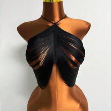 AKYZO Top Negro Sexy con Borlas Estilo Europeo y Americano, Chaleco con Cuello Halter, Ropa Versátil para Mujer, Estilo Picante - Negro - Ver 5