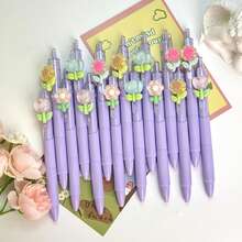5pcs/Set Random Flower Tip Retractable Pens, 2sets/3sets Smooth Writing Ballpoint Pens, Suitable For Students, Exams, Office, Durable Stationery (Black) - Purple Flower Pen - View 6
