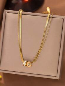 1pc Stainless Steel Round Cubic Zirconia Inlaid Double Layer Pendant Necklace, Suitable For Daily Wear - 銀色 - 查看 2