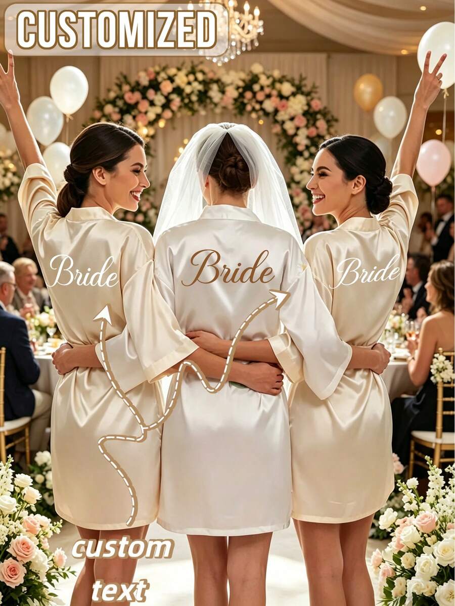 Bata de novia de satén personalizada, diseño de media manga, bata de dama de honor personalizada, bata de satén personalizada, bata de preparación de dama de honor, bata de fiesta de boda, talla XL - Multicolor - Ver 1