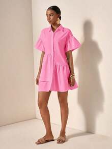 Vestido casual de verano suelto y simple con botones en la cintura - Rosa - Ver 5