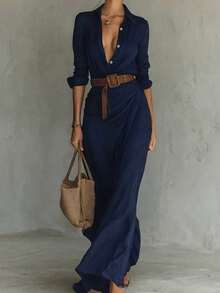 藏蓝色休闲优雅轻盈褶裥前开襟女士长连衣裙，V领长衬衫裙，无弹力面料，A字裙摆（不含腰带） - 藏蓝色 - 查看 10