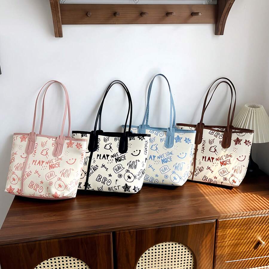1 chiếc túi tote in hình hoạt hình dễ thương và nghệ thuật, túi đeo chéo, túi đựng đồ dung tích lớn. - Xem 1
