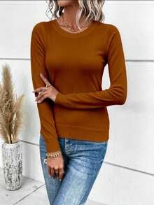1 Pc Mohair (Angora) Women's Long Sleeve Blouse, Thick, Printed, Plain, Holiday, Vacation, Office, Daily, Autumn, Winter - 棕色 - 查看 1