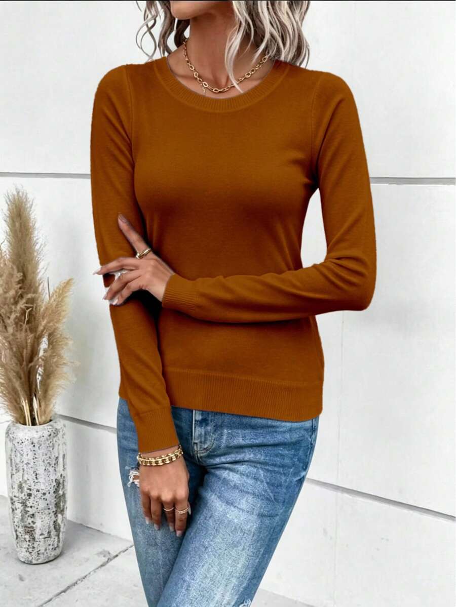 1 Pc Mohair (Angora) Women's Long Sleeve Blouse, Thick, Printed, Plain, Holiday, Vacation, Office, Daily, Autumn, Winter - 棕色 - 查看 1