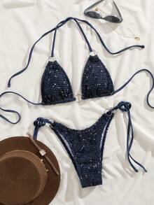 PEPPERMOLLY Bộ bikini nữ năm 2026 mới, cúp ngực mềm mại, dây buộc bằng kim loại, phối màu tương phản thanh lịch, thời trang gợi cảm cho kỳ nghỉ biển. - Màu xanh lam - Xem 2