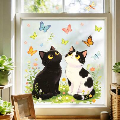 CHAILLY Autocollants statiques pour fenêtre avec aquarelle de chat et marguerite avec abeille, décalcomanies florales et animales réutilisables pour la maison, la chambre d'enfant et la décoration de la pépinière