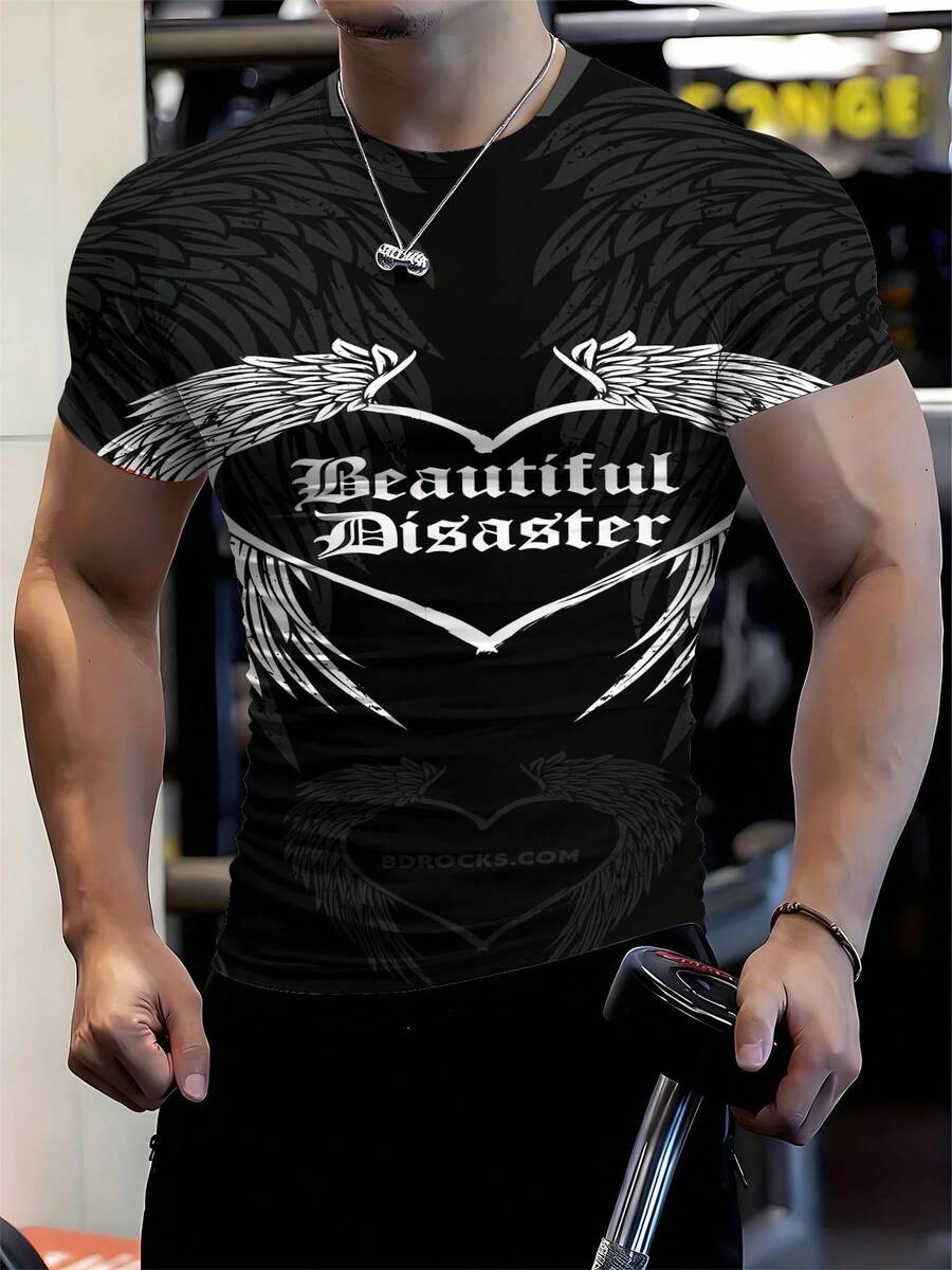 Men's Printed T-Shirts Are Summer Sportswear, Beautiful Disaster Wings Heart Pattern Printsuitable For Fitness And Body Shaping. - 風格 - 查看 1
