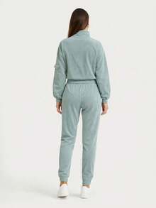 Women's Waffle Tracksuit Set, Cropped Quarter-Zip Sweatshirt, Stand Collar, Drawstring Joggers, Pockets, Cuffs, Spring Autumn Casual - Mint Green - View 3