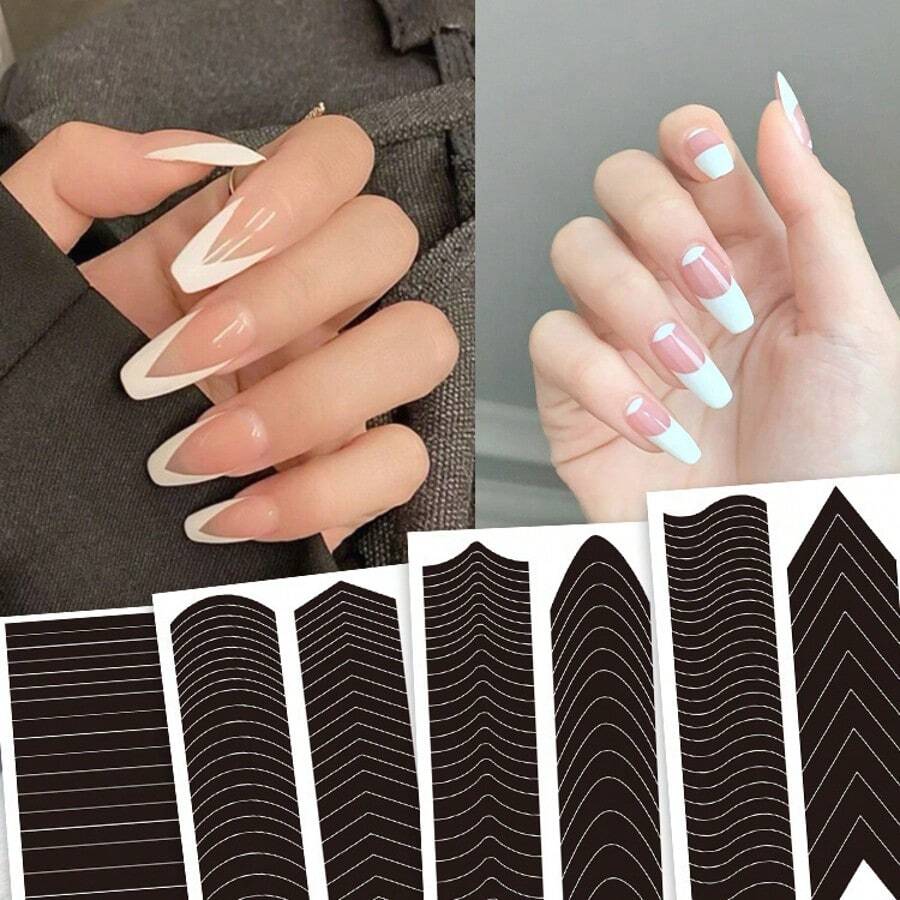 6pcs/1set French Stripe Nail Art Stencil Wave Diagonal Line Spray Template Sticker, Creative Manicure Decorative Tools - Multicolor - View 1
