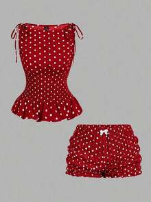 Conjunto de 2 piezas de top sin mangas y shorts con estampado de lunares en contraste para mujer - Rojo - Ver 2