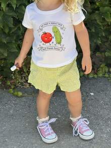 女婴“我们天生一对”苹果黄瓜印花短袖T恤，休闲圆领上衣 - 白色 - 查看 2