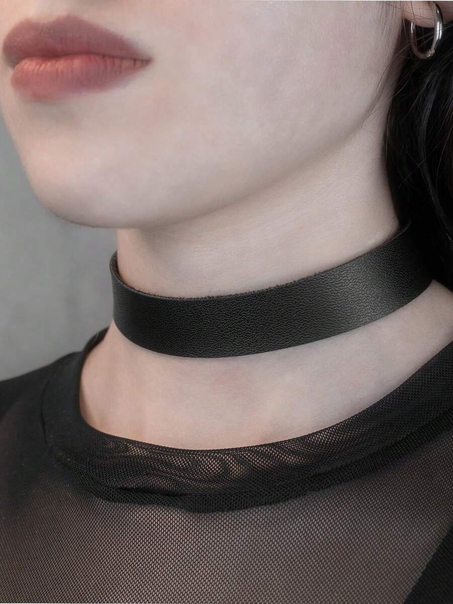 1 chiếc vòng cổ choker gợi cảm phong cách punk dành cho nữ, chất liệu da PU đen, tua rua đính đinh tán, phụ kiện trang sức dự tiệc phong cách bondage. - màu đen - Xem 1