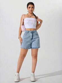 Shorts vaqueros casuales y versátiles de unicolor para mujeres - Lavado ligero 2 - Ver 6