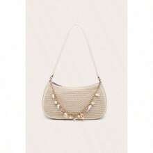 Shells Pearl Straw Woven Underarm Bag Casual All-Matching Commuting Bag Niche High-End Shoulder Bag Women's Boho Seashell Pearl Beaded Straw Bags Zipper Single Strap Underarm Purses - Màu trắng sữa, kích thước 24*6*14cm - Xem 8