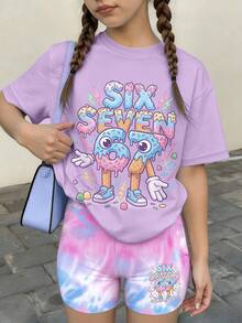 Set de 2 piezas de camiseta con gráfico "67" y shorts de ciclista con efecto tie-dye para niñas, conjunto de verano suave, cómodo y lindo para adolescentes - Morado - Ver 1