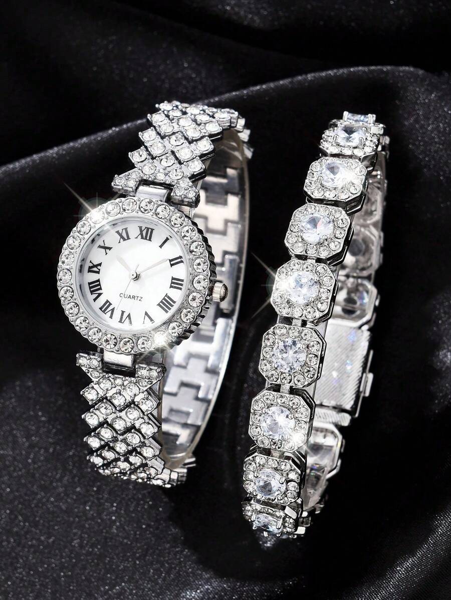 2pcs Women's Silver Dial Floral Quartz Watch, Suitable For Daily Decoration, No Box - Silver - View 1