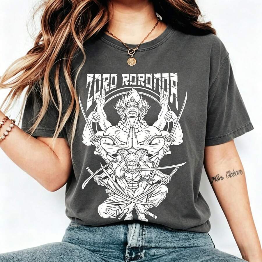 2026 Summer Collection Zoro Roronoa Zoro Ashura Style Black And White Unisex T-Shirt - Premium Print, Round Neck, Short Sleeves, Slim Fit, Suitable For Any Season, Fashionable And Casual For Both Men And Women Black T-Shirt,Man And Woman,White T-Shirt,Couple's Attire,Crop Top,All Saints' Day,Independence Day,Mothers Day Outfit,Free Shipping,Top For Woman,Vintage Clothes Women,Cotton Women Clothing,Y2k Clothes Women,Ofertas De Liquidacion,Camisas,Summer Outfits For Women,Vacation Outfits Women,Summer Clothes, Women,Festival Outfits,4th Of July,Concert Outfit Women,Festival Outfits For Women, - 黑色 - 查看 1