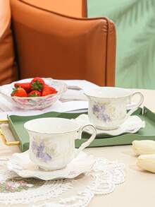 2件套（1个杯子和1个碟子）陶瓷咖啡杯碟套装，适用于家庭厨房、餐厅、客厅、礼品、饮用水、茶、咖啡、牛奶、果汁、婚礼、派对、生日等场合。 - 彩色 - 查看 3