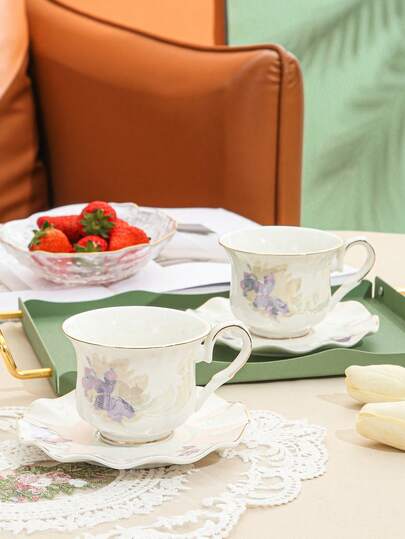 Bộ 2 tách và đĩa sứ (1 tách & 1 đĩa lót), thích hợp cho nhà bếp, nhà hàng, phòng khách, làm quà tặng, dùng để uống nước, trà, cà phê, sữa, nước ép, trong đám cưới, tiệc tùng, sinh nhật.
