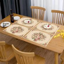1/4/6/8/12pcs 2D Pink Vintage Floral Pattern Linen Table Mats, Washable Printed Placemats, Surface Protector, Indoor/Outdoor Dining Table Mats, Suitable For Holiday Banquet Kitchen Table Decoration - Multicolor - View 5