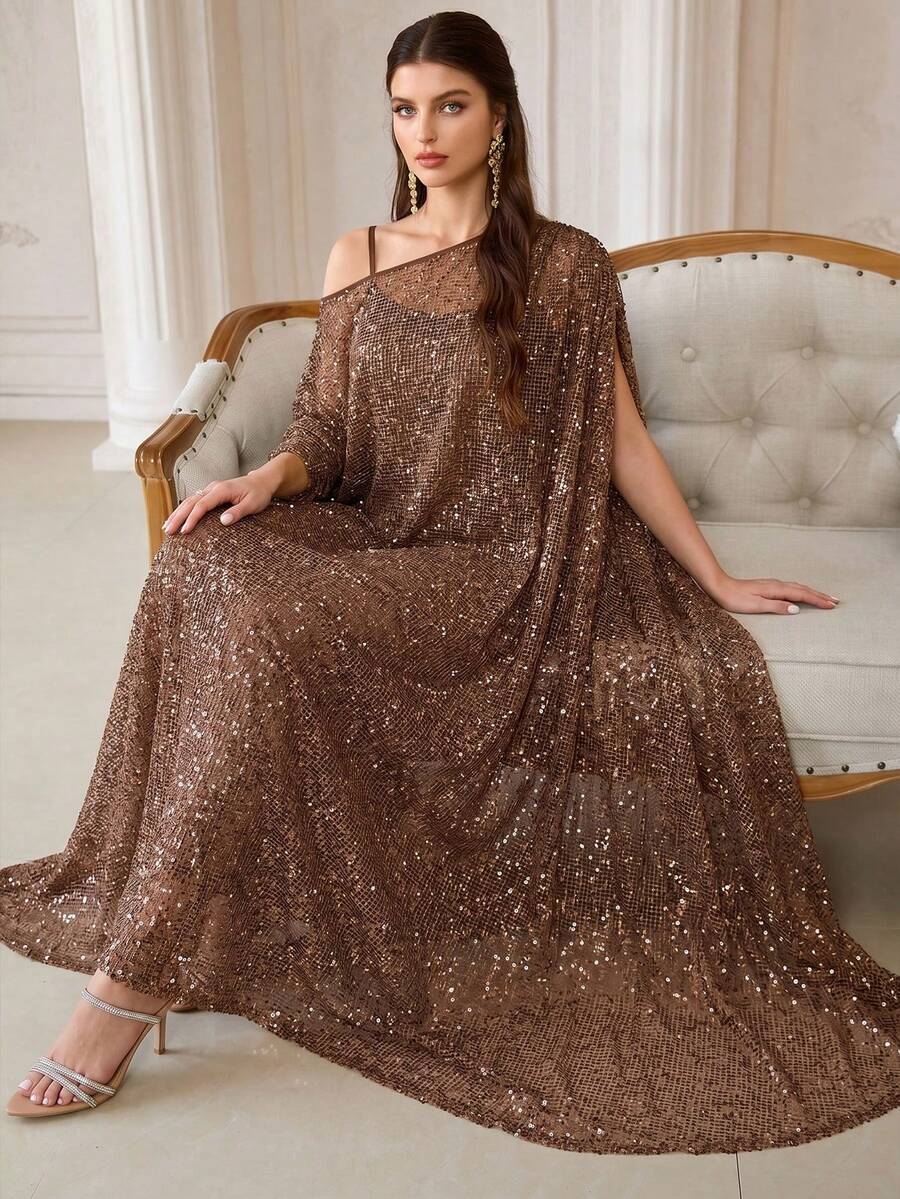 Bata de dos piezas con hombros asimétricos, mangas de murciélago con cinturón y detalles con lentejuelas para vacaciones, elegante y suave - Café integral - Ver 1