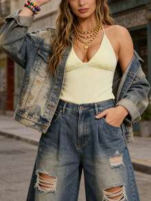 Top Cami Minimalista con Cuello Halter - Top Corto Sin Mangas con Escote en V Profundo de Color Sólido - Amarillo - Ver 7
