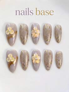NAILS BASE 10件組 粉色杏仁形長款法式漸層漸變假指甲，附玫瑰紅花朵、杏仁形甲片，適合辦公室中性亮麗風，日系手工穿戴甲，適合會議與專業造型，節日裝飾假指甲，附1個迷你指甲锉與1張黏貼片，女性女孩禮物，立體雕花假指甲，手指穿戴飾品 - 彩色 - 查看 1