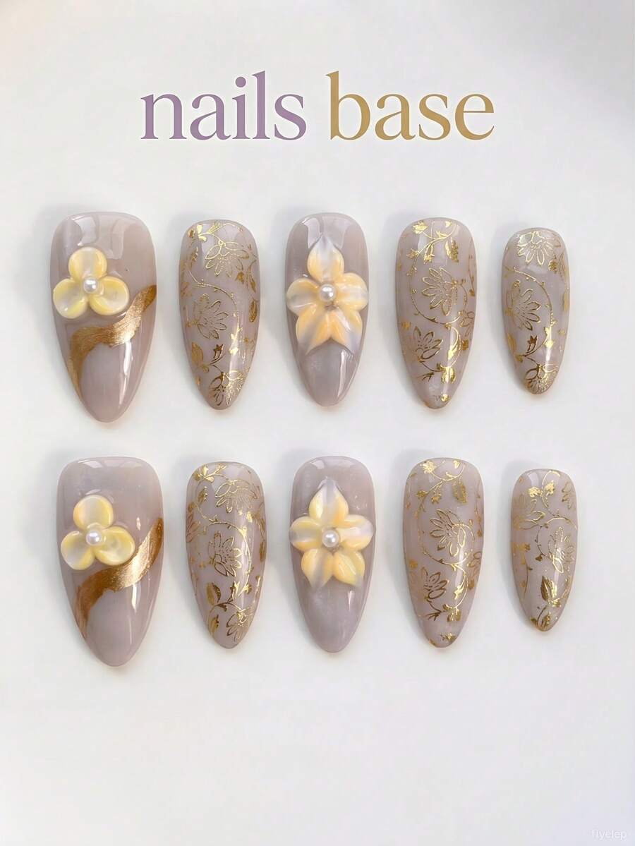 NAILS BASE 10件組 粉色杏仁形長款法式漸層漸變假指甲,附玫瑰紅花朵、杏仁形甲片,適合辦公室中性亮麗風,日系手工穿戴甲,適合會議與專業造型,節日裝飾假指甲,附1個迷你指甲锉與1張黏貼片,女性女孩禮物,立體雕花假指甲,手指穿戴飾品 - 彩色 - 查看 1