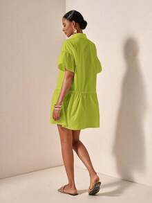Vestido casual de verano suelto y simple con botones en la cintura - Verde Oliva - Ver 7