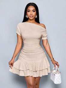 Vestido mini elegante de fiesta y día con cuello asimétrico, mangas largas, recogido y doble volante, de punto color albaricoque para mujer - Albaricoque - Ver 5