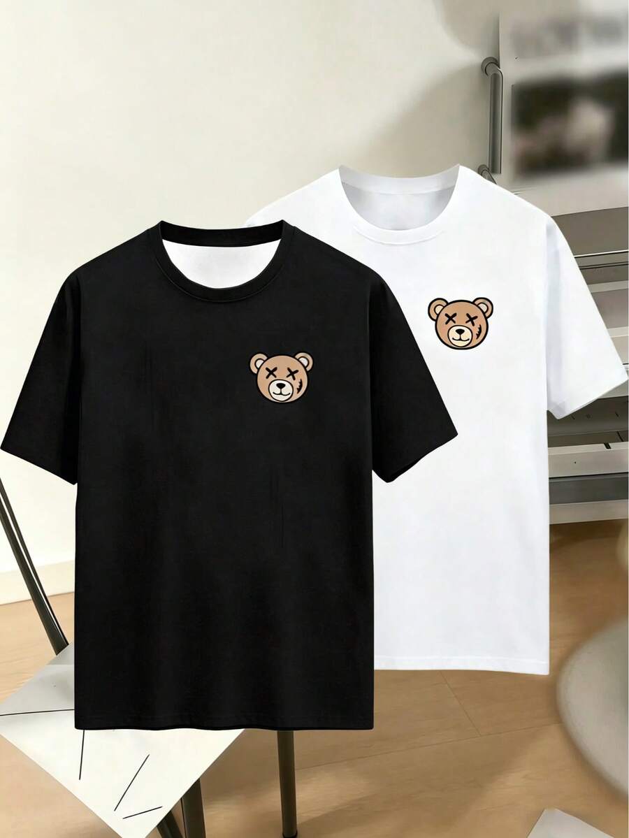 Men's Casual Cartoon Bear Print Short Sleeve Round Neck Soft Basic T-Shirt - Multicolor - View 1