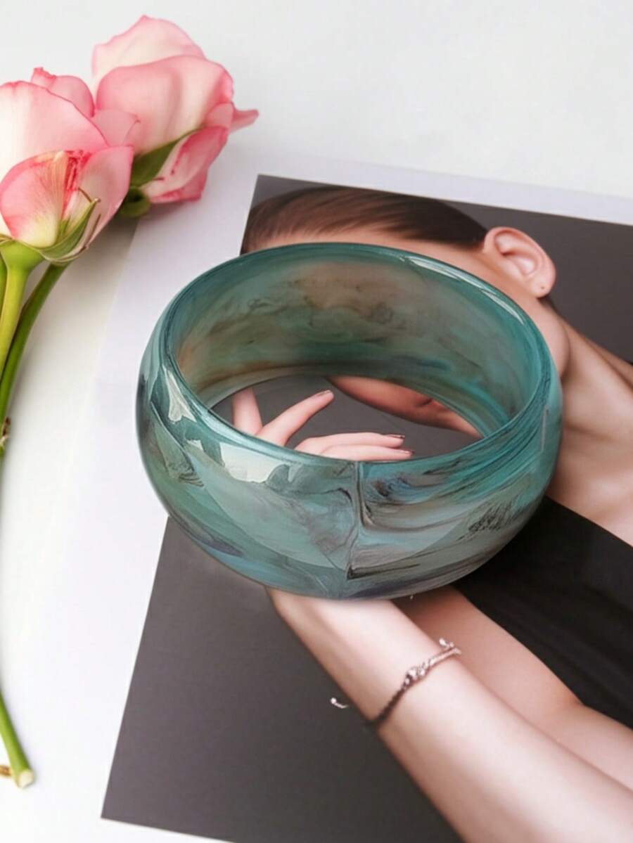 Pulsera retro personalizada de moda europea y americana, brazalete acrílico geométrico 3D exagerado de textura de resina semi-transparente y ancho redondo (variando en color, textura y profundidad, surtido al azar) - verde menta - Ver 1