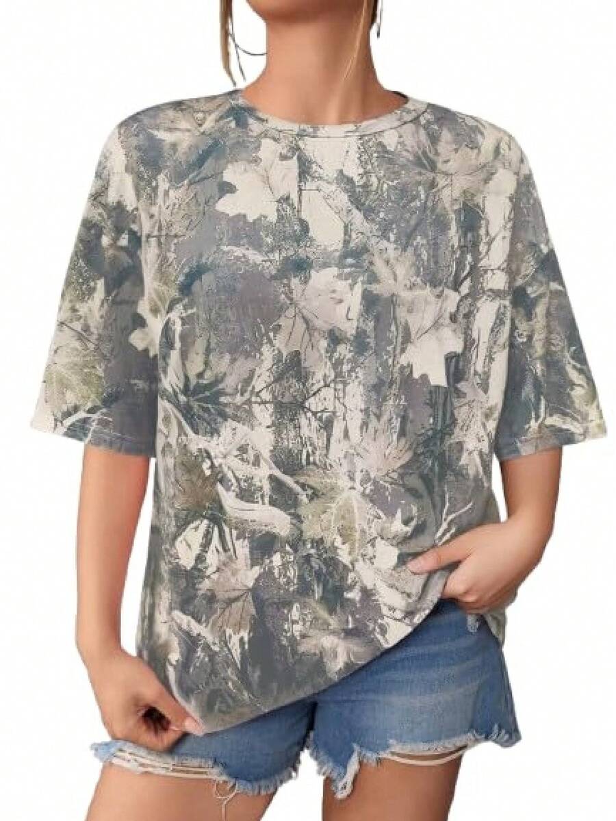 Women Camo Print Round Neck Short Sleeve Oversized T-Shirt, Casual Street Loose Fit Top - màu nâu - Xem 1