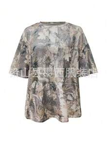 Women Camo Print Round Neck Short Sleeve Oversized T-Shirt, Casual Street Loose Fit Top - màu nâu - Xem 7