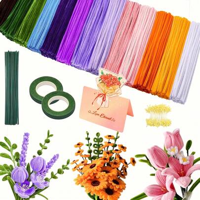  EDCUEBE7 550pcs Floral Craft Kit, Includes Colorful Felt Tubes, Floral Wires, 4 Colors Floral Tubes, Craft Wires, Tapes, Stamens And Lucky Cards, Suitable For Making Flowers, Gift Decorations, Festivals And Home Art Decor