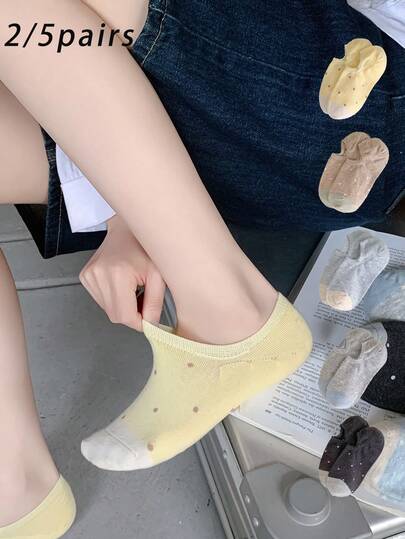 2/5 Pairs Women's Multi-Color, Small Polka Dot Pure Cotton Boat Socks, Couples Socks, Parent-Child Socks, High Elasticity, Antibacterial Deodorizing, Soft And Comfortable, Suitable For All Seasons, Breathable Knitted Fabric, Minimalist, Home, Commute, Party, Leisure Travel, Holiday Gift