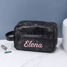 1pc Personalized Faux Leather Toiletry Bag With Hook, Groomsman Gift Travel Bag With Laser Engraved Letter Pattern, Anniversary Gift For Husband Father, Faux Leather Wash Bag With Side Handle - Multicolor - View 6