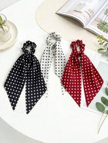 3条装女士波点丝带发圈，简约时尚波点丝带发圈，适合日常通勤、旅行，多功能发绳，可扎高马尾 - 黑白紅 - 查看 6