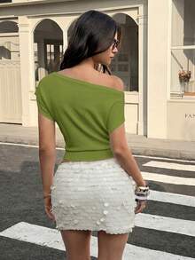 女士绿色纽扣装饰不对称肩部毛衣 - 綠色 - 查看 4