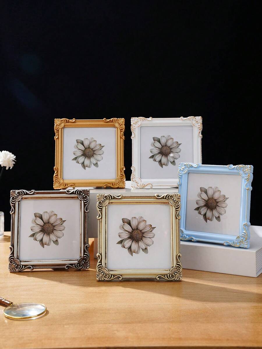 1个欧式彩色3D花卉图案装饰相框，树脂材质方形照片展示框，多种颜色可选，适用于卧室、书房、办公桌照片装饰、摄影道具、家居墙面装饰