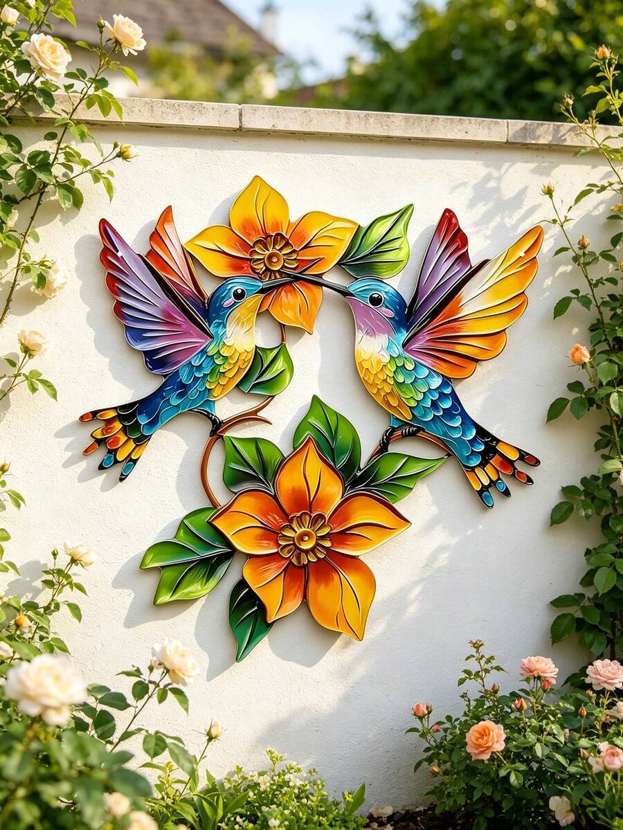 1 pieza Arte de pared de colibrí de metal - Diseño plano 2D, colibrí y flor coloridos, fácil de colgar, adecuado para decoración del hogar, decoración de habitaciones, decoración de dormitorios, decoración de jardines, salas de estar, porches, balcones, etc.