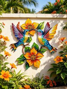 1 pieza Arte de pared de colibrí de metal - Diseño plano 2D, colibrí y flor coloridos, fácil de colgar, adecuado para decoración del hogar, decoración de habitaciones, decoración de dormitorios, decoración de jardines, salas de estar, porches, balcones, etc. - Multicolor - Ver 5