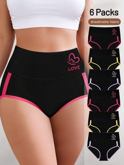 6pcs Women Plus Size Triangle Panties, Fashionable Contrast Color Design, Soft And Breathable