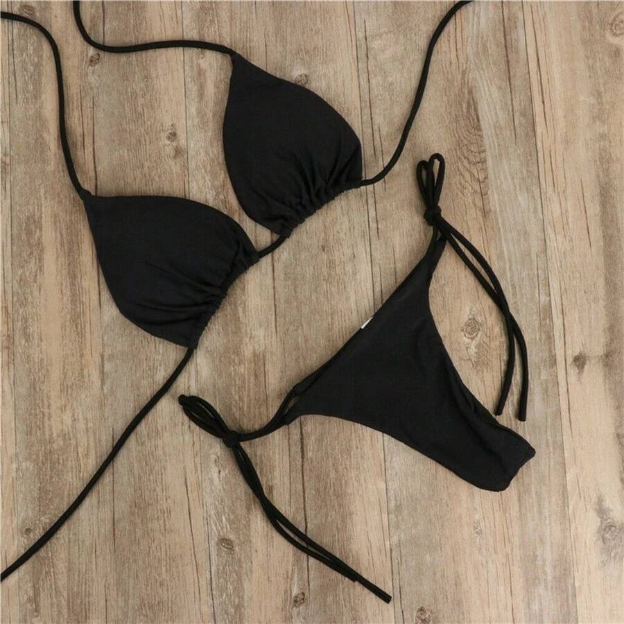 Halter Neck Solid Color Three-Piece Bikini Sexy Swimsuit For Women, Adjustable Strap, Available In Multiple Colors - 黑色(附胸墊) - 查看 1