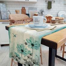 1pc Vintage Country Style Blue-Green Floral Tablecloth - Rustic Linen Rectangular Tabletop Decor Suitable For Dining Room, Kitchen, Living Room, Holiday And Party, Holiday Dining Table Setting | Vintage Country Style Decor | Linen Tablecloth - Multicolor - View 5
